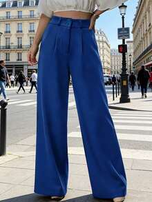 SHEIN LUNE Women's Solid Color Pleated Slant Pocket Casual Wide Leg Pants Blue Pants Wide-Leg Trousers Women's Pants - Blue - View 5
