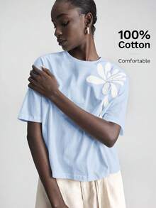 Ontre 2026春夏新款轻薄休闲女式T恤，优雅度假风，宽松舒适百搭，饰以精美贴花刺绣，短袖圆领，简约时尚 - 淺藍色 - 查看 6