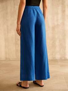MOTF PREMIUM 女士亚麻舒适阔腿七分裤 - 藍色 - 查看 3
