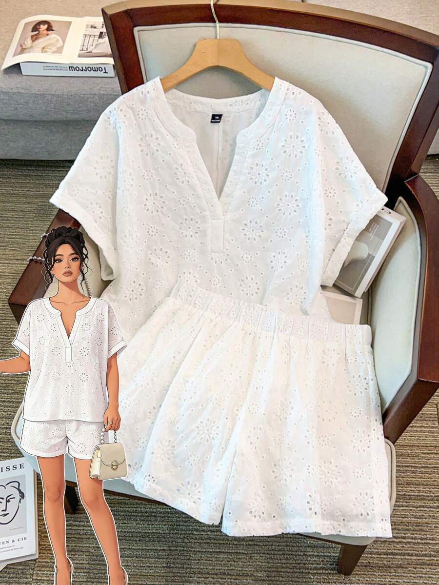 GlowEve CURVE Plus Size Women's Casual Solid Color Hollow Out Embroidery Shirt And Shorts 2-Piece Set, Spring/Summer - White - View 1