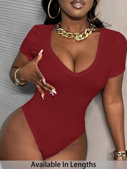 SHEIN PETITE CURVE Plus Size Women Solid Color Casual Versatile Bodysuit For Daily Wear