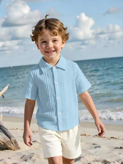 Souflis Souflis Boys' Casual Pleated Asymmetrical Fabric Short Sleeve Knit Shirt, Summer