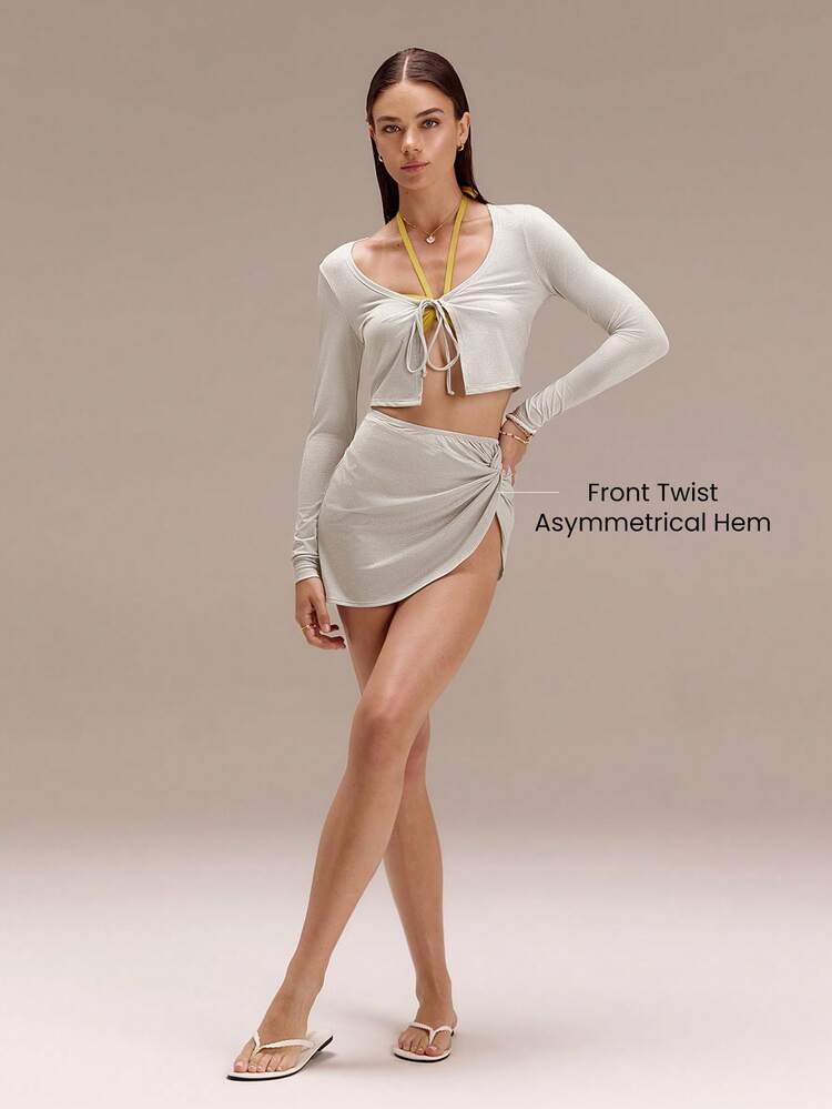 Chlorine-Resistant Glossy Getaway Sun-Protective Metallic Front-Twist Skirt Swimming Beach Pool Holiday Vacation Summer Wear