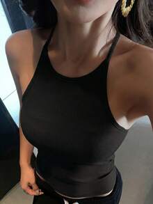 DAZY 红色针织吊带背心，内置胸垫，女士夏季休闲上衣 - 黑色 - 查看 6