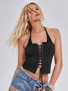 ROMWE Y2K Spring/Summer Women's Sexy Lace-Up Front Contrast Lace Slim Fit Halter Neck Camisole, Suitable For Music Festivals, Parties, Vacations, Dates And Other Occasions - Black - View 6