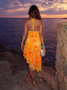 SHEIN Allurite Asymmetric Hem Printed Halter Neck Dress, Women's Vacation Pink Dress - Orange - View 2