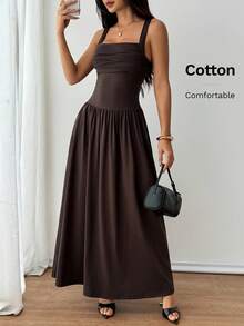 SHEIN PETITE Đầm nữ màu nâu cà phê trơn thanh lịch, cổ vuông, dáng xòe, chất liệu cotton, thích hợp cho mùa xuân/hè. - màu nâu - Xem 8
