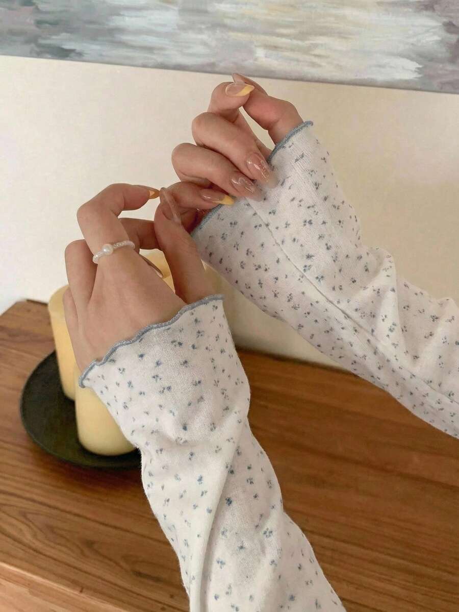 FRIFUL 女士全印花休闲百搭日常长袖T恤 夏季 - 藍色 - 查看 1