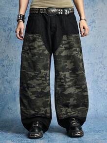ROMWE MEN Street Life Quần jean denim nam dày dặn, rách rưới, phối nhiều mảnh - màu đen - Xem 4