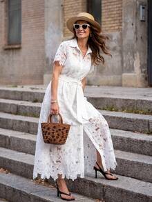 Solivie 女士长款蕾丝连衣裙，优雅浪漫蕾丝连衣裙，适合春夏、度假、婚礼季穿着。 - 白色 - 查看 3