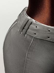 Mistrie Women's Tight Casual Denim Shorts With Corn Callus Buckle Design - Grey - View 6