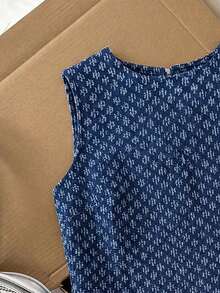 SHEIN Comfortcana Đầm denim không tay dệt jacquard dáng casual dành cho nữ, thích hợp cho kỳ nghỉ hè và đi làm hàng ngày. - Màu xanh lam - Xem 2