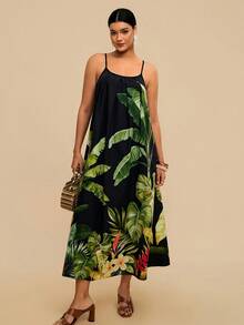 Travachic 大码女式黑色热带花卉印花连衣裙，无袖宽松版型，带口袋 - 黑色 - 查看 1