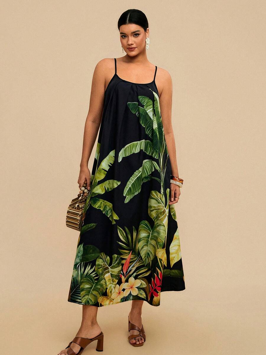 Travachic 大码女式黑色热带花卉印花连衣裙，无袖宽松版型，带口袋 - 黑色 - 查看 1