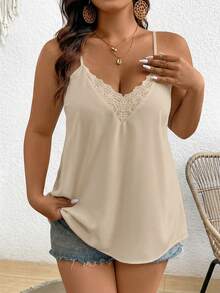 SHEIN Frenchy Plus Size Solid Color Lace Patchwork V-Neck Camisole Gym Brown Summer - Khaki - View 3