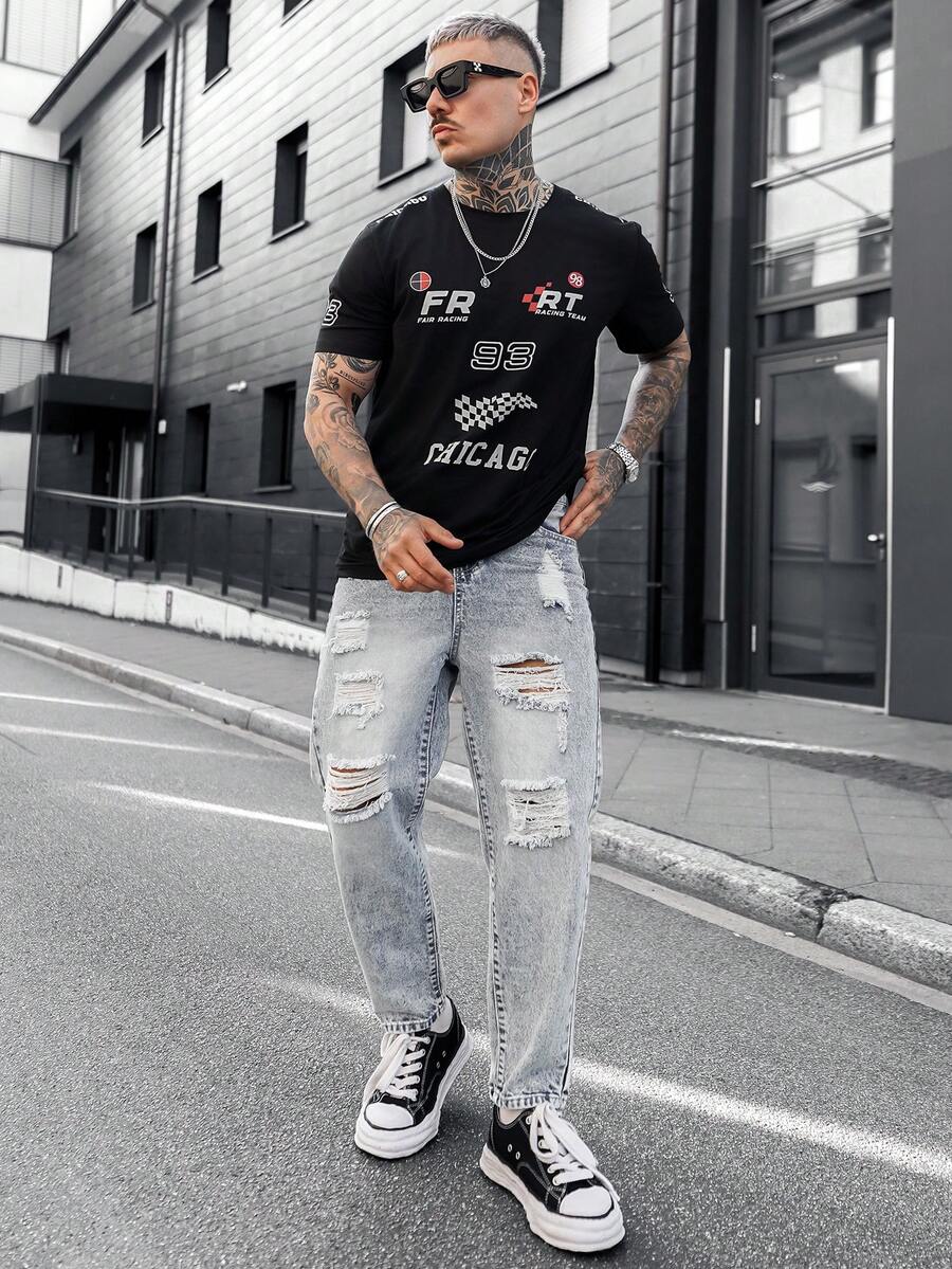 Artur Kramer Quần jean denim rách vừa vặn cho nam - Rửa nhẹ - Xem 1