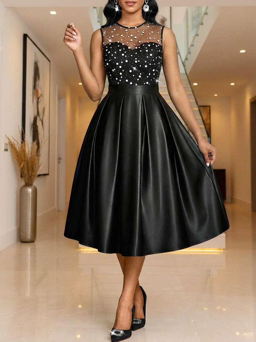 SHEIN Lady 女士波点网纱拼接圆领无袖褶裥下摆优雅中长连衣裙 - 彩色 - 查看 1