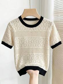 Franclia Women's Contrast Trim Hollow Out Short Sleeve Knit Top - Apricot - View 4