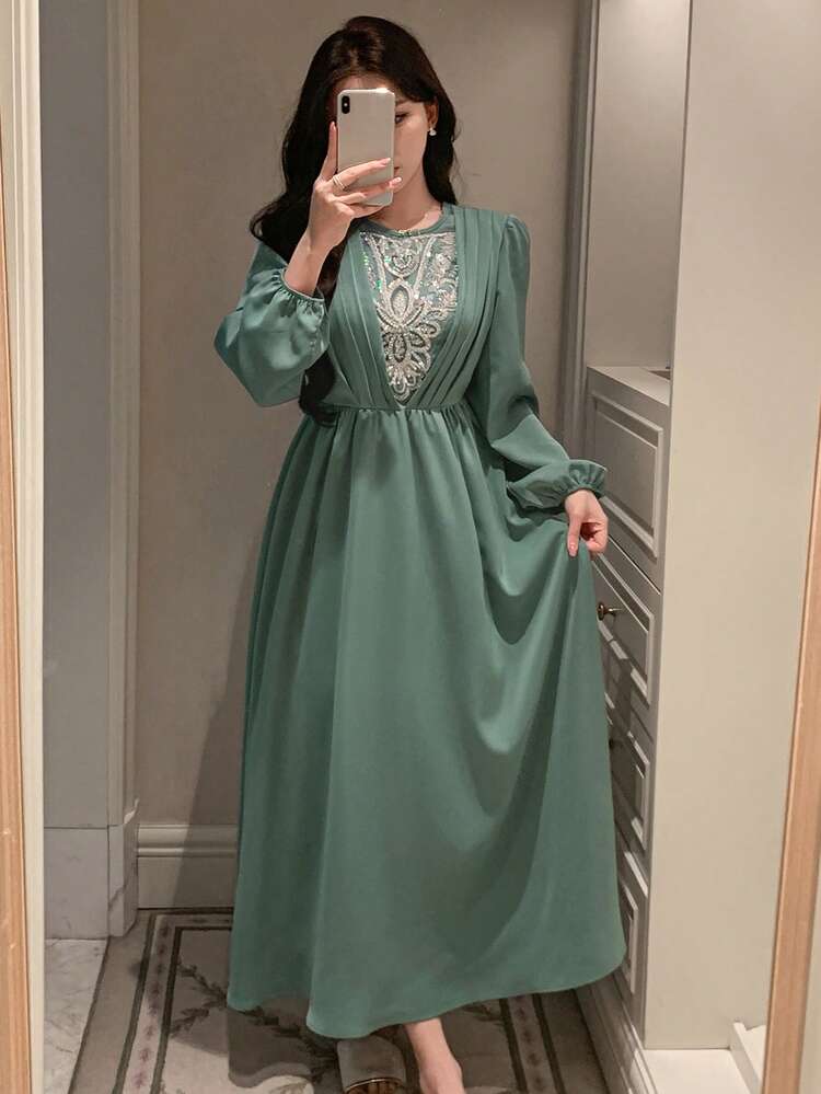 Glamorous Sequin Embroidery Decor Waist Petal Sleeve Women Nightgown