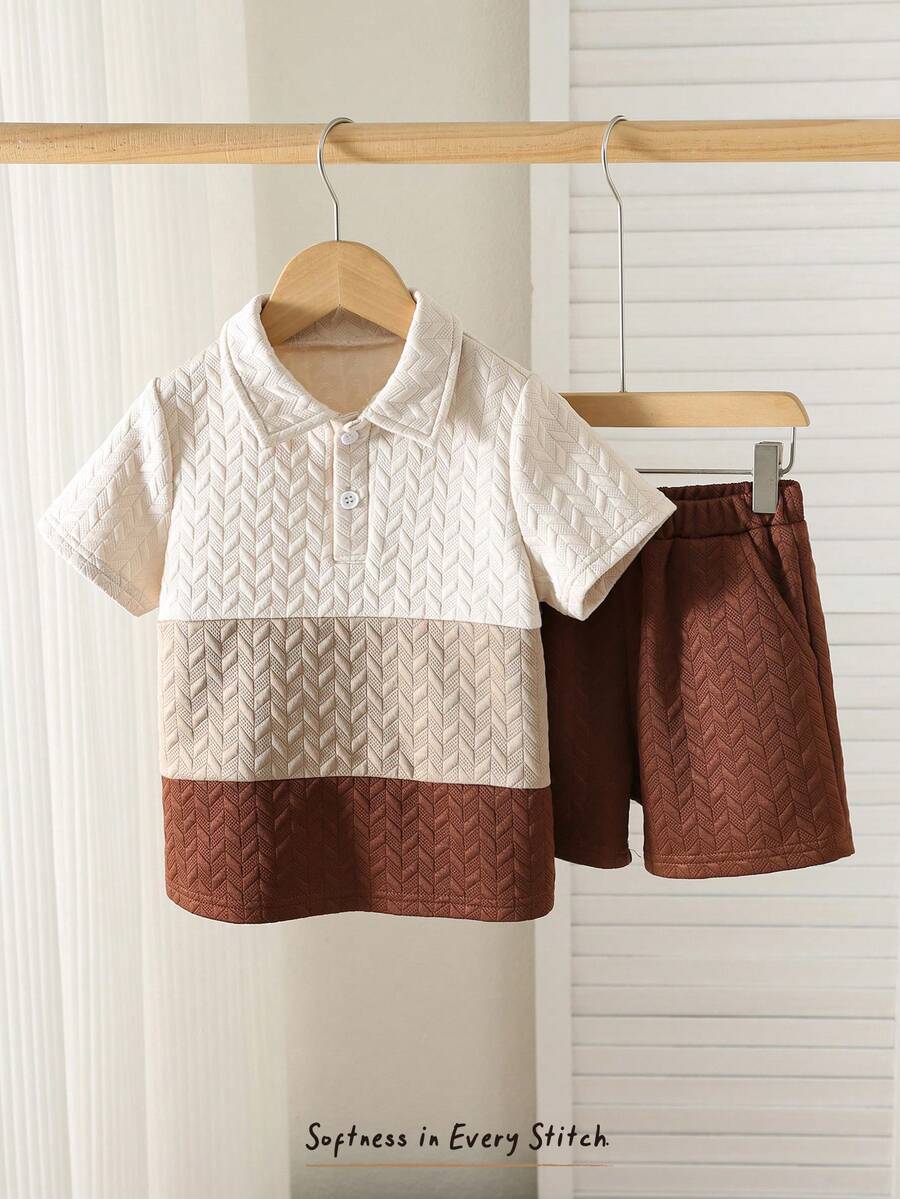 Cozy Pixies 2pcs/Set Young Boy Soft Knit Contrast Color Polo Collar Short Sleeve Half-Zip Sweater And Elastic Waist Shorts - Multicolor - View 1