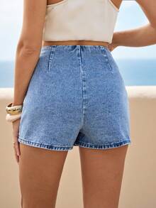 Breezaya 女士不对称下摆休闲牛仔短裙，带纽扣设计 - 藍色 - 查看 6