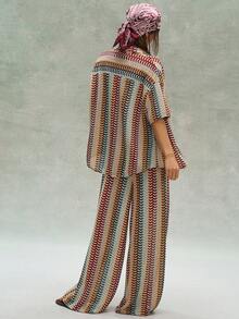 Bohemela Bộ 2 món áo thun dệt kim kẻ sọc dáng rộng và quần ống rộng dành cho nữ (kiểu dáng thường ngày). - Nhiều màu - Xem 7