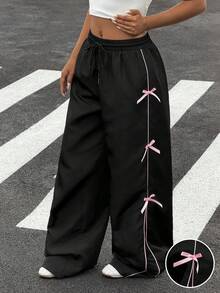 Muchica Woven Black Pants With Pink Bow Decor Casual Wide Leg Trousers Baggy Pants - Black - View 3