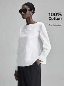 Ontre Áo nữ dài tay màu trắng dáng rộng thanh lịch tối giản 2026SS, trang phục thường ngày cho kỳ nghỉ. - trắng - Xem 5