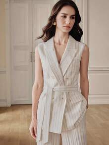 Anewsta Áo vest nữ tối giản thanh lịch, kèm thắt lưng, thích hợp cho đi làm, công sở và đi chơi. - Màu be - Xem 6