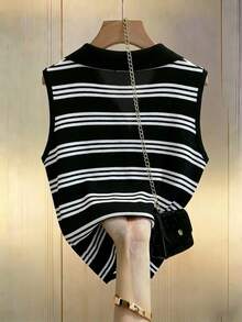 GlowEve Áo vest dệt kim không tay cổ chữ V kẻ sọc đen trắng tối giản dành cho nữ - Đen và trắng - Xem 2
