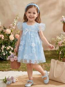 Glamorique Kids 1件女婴花卉刺绣网纱荷叶边圆领无袖A字连衣裙，可爱甜美风格，适合夏季日常穿着、旅行、摄影、派对、生日等场合。 - 藍色 - 查看 9
