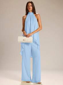 SHEIN BAE Yellow Sleeveless Asymmetrical Hem Sheer Tank Top & Wide Leg Linen Pants, Casual 2 Pieces Set, Spring/Summer Minimalist 2 Pieces Set - Baby Blue - View 7