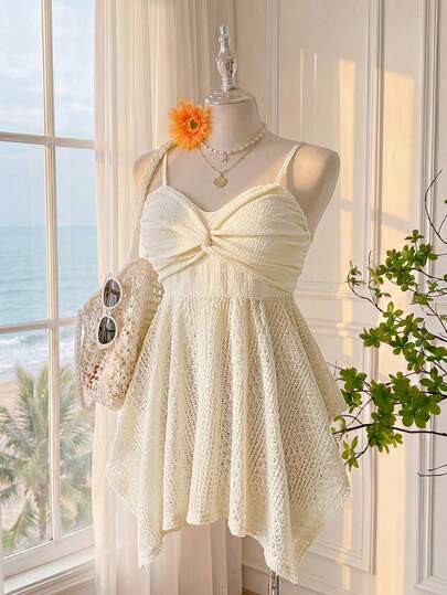 Comfortcana Áo hai dây và áo tank top dáng chữ A bằng ren móc cỡ lớn dành cho kỳ nghỉ hè.