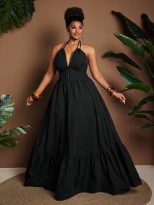 Maweii Sexy Black V-Neck Spaghetti Strap Cinched Waist Plus Size Dress - Black - View 1