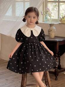 SHEIN LMoss Kids 优雅蝴蝶印花撞色A字公主裙，适合返校、春季假期、度假、派对、日常穿着。 - 黑與白 - 查看 2
