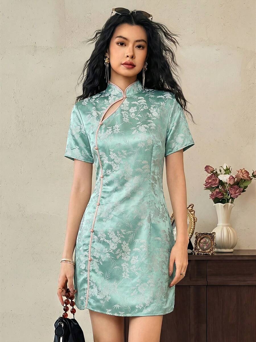 EastFlair 女士提花中国风短袖优雅迷你连衣裙 - 綠色 - 查看 1