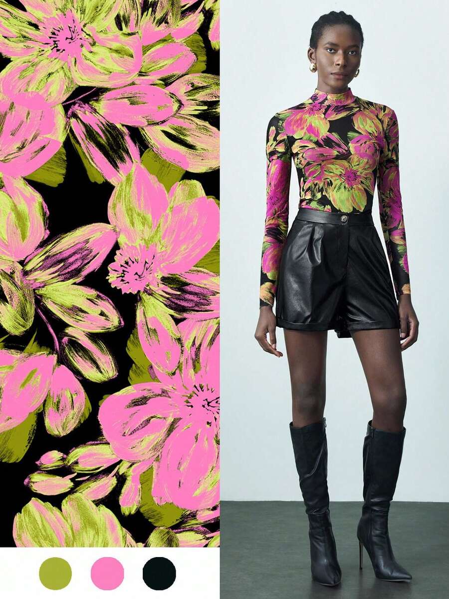 Maija Floral Digital Print Women's Tops, Round Neck Slim Fit Tee, Festival - Multicolor - View 1