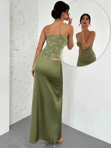 Firerie Bộ đồ nữ thanh lịch, ren satin, màu xanh bạc hà, thích hợp mặc thường ngày/Trang phục dự tiệc/Trang phục ngày Valentine/Bộ váy áo/Trang phục hẹn hò lãng mạn - màu xanh lá - Xem 2