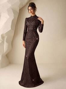 Coutiva Elegant High Neck Long Sleeve Mermaid Formal Evening Dress,Sequin Embroidery Pearl Rhinestone Design Ball Gowns For Wedding Guests & Dinner Parties - Brown - View 8