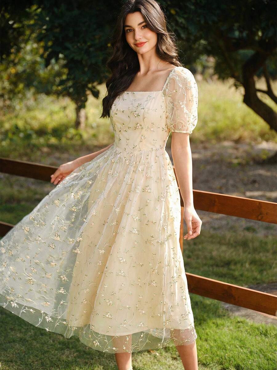 Vintamour 復古優雅花卉刺繡網紗女款洋裝 米色夏季婚禮伴娘禮服 休閒沙灘度假穿搭 復活節春季洋裝 - 淡黃色 - 查看 1
