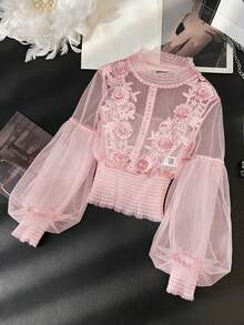 Modelyn 小众设计 3D 立体花卉拼接薄纱灯笼袖修身短款上衣，女士最新款上衣，新款女式衬衫，青少年衬衫，婚礼衬衫，优雅派对衬衫，优雅派对上衣，蕾丝上衣，女士上衣，正式蕾丝衬衫 - 粉色 - 查看 6