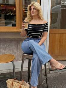 Dripcurv Plus Size Casual Stripe Off Shoulder Short Sleeve T-Shirt Summer For Women Vacation Woman Concert Women Summer Tops Rave Festival Simple & Fashionable Summer New Design - Black and White - View 5