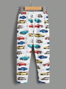 SHEIN Leap Crew 2件套男童休闲舒适彩色卡通汽车印花长袖上衣和裤子家居服 - 彩色 - 查看 6