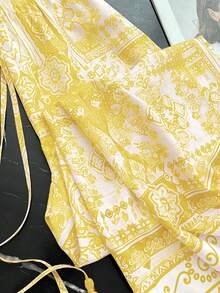 SHEIN LUNE 法式度假风印花阔腿裤，时尚百搭显瘦直筒裤，春夏黄色波西米亚风半身裙，黄色沙滩裙，黄色纱笼裙，黄色短裙套装，流苏半身裙 - 淡黃色 - 查看 6