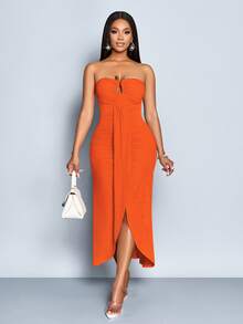 SOLERSUN Women's Elegant Orange Red Summer Date Night Sleeveless Tube Top Hollow Metal Button Decoration Front Smoked Slit Ribbon Textured Knitted Long Dress - Burnt Orange - View 4