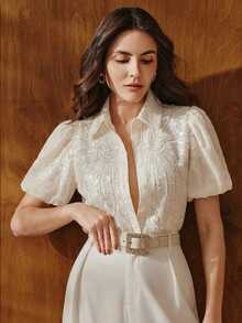 Anewsta 高品质女士衬衫，春夏新款：优雅浅米色亮片珠绣衬衫，泡泡袖，翻领，轻薄透气，适合工作、约会和派对等场合。 - 杏色 - 查看 4