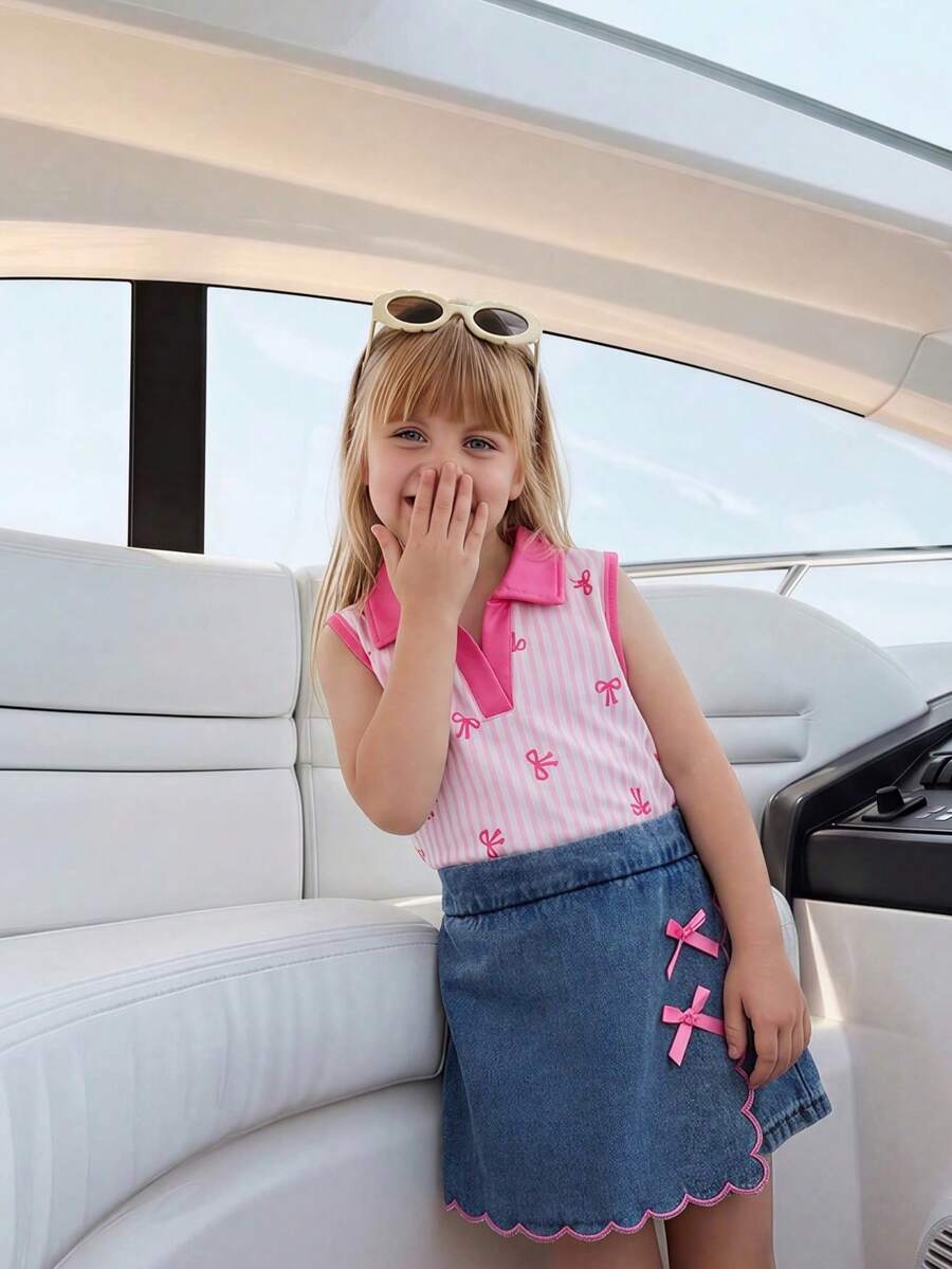 Elladie kids 2件組少女夏季套裝,杏色紋理針織愛心背心上衣搭配牛仔裙褲,荷葉邊下擺,櫻桃刺繡,適合家庭度假與假期穿著 - 紅色 - 查看 1