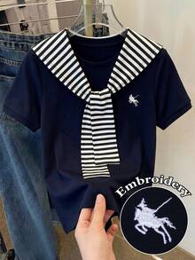 GlowEve Women's Casual Vacation & Commute Embroidered Short Sleeve T-Shirt With Striped Sailor Shawl, Summer - Navy Blue - View 7