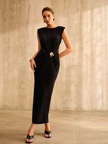 MOTF PREMIUM WOMEN'S METAL DECOR RUCHED DRESS - Black - View 5