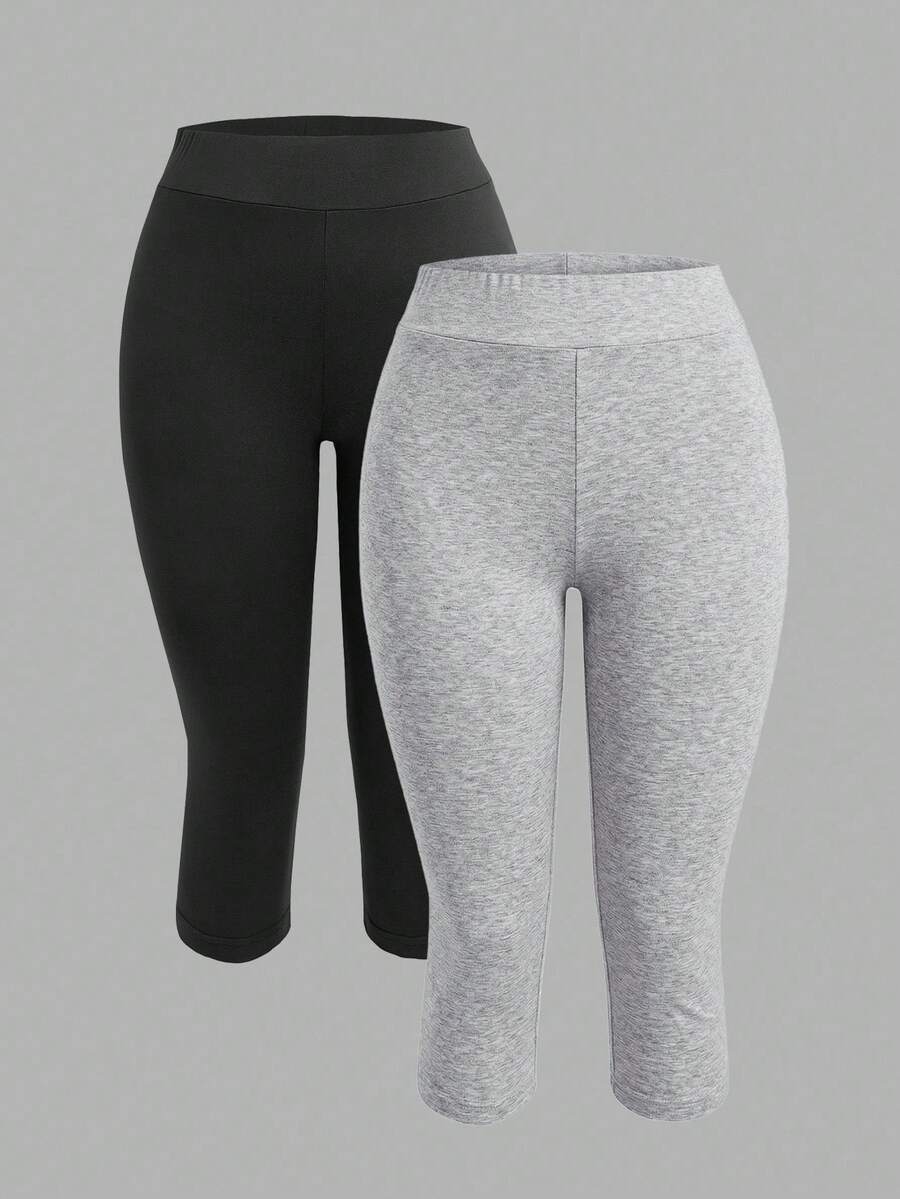 SHEIN EZwear 2 piezas Leggings casuales de talle 7/8 con estampado floral negro y gris claro para mujer, adecuados para el verano - Multicolor - Ver 1